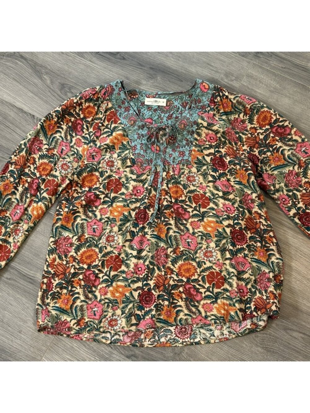 Natural Life Top Womens M Multicolour Rayon Floral Boho Tunic Long Sleeve Fall